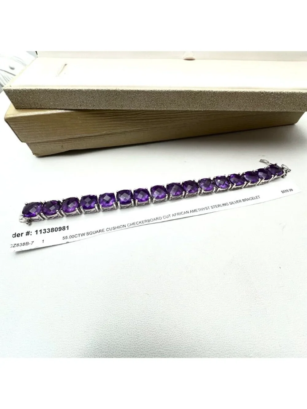 African Amethyst Sterling Silver Bracelet 55 Carats Cushion Cut Checkerboard